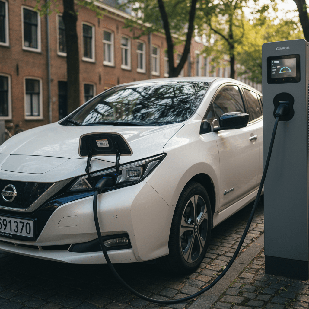 White Nissan Leaf electric hatchback driving on a city street