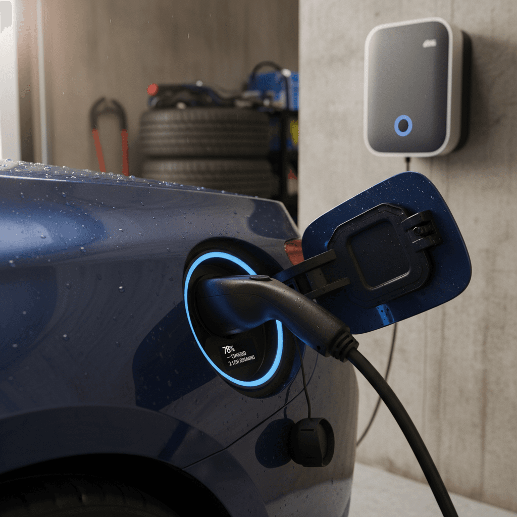 BMW i7 electric sedan charging at a home wallbox, illustrating used EV trade-in potential