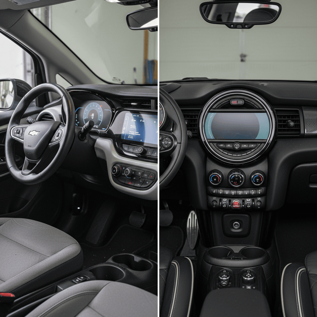 Cabins of a Chevrolet Bolt EV and Mini Cooper SE highlighting seating and cargo room