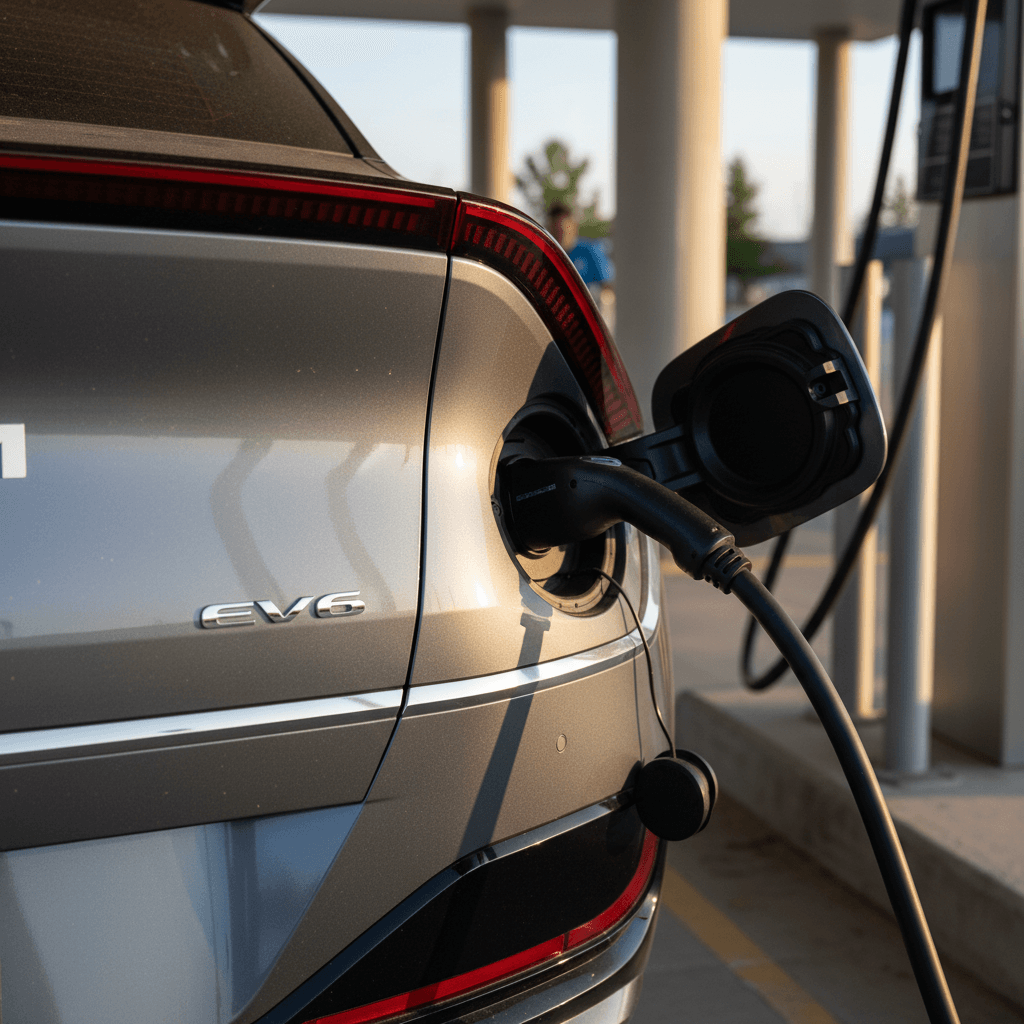 Kia EV6 plugged into a fast charger with focus on the charge port and rear badging