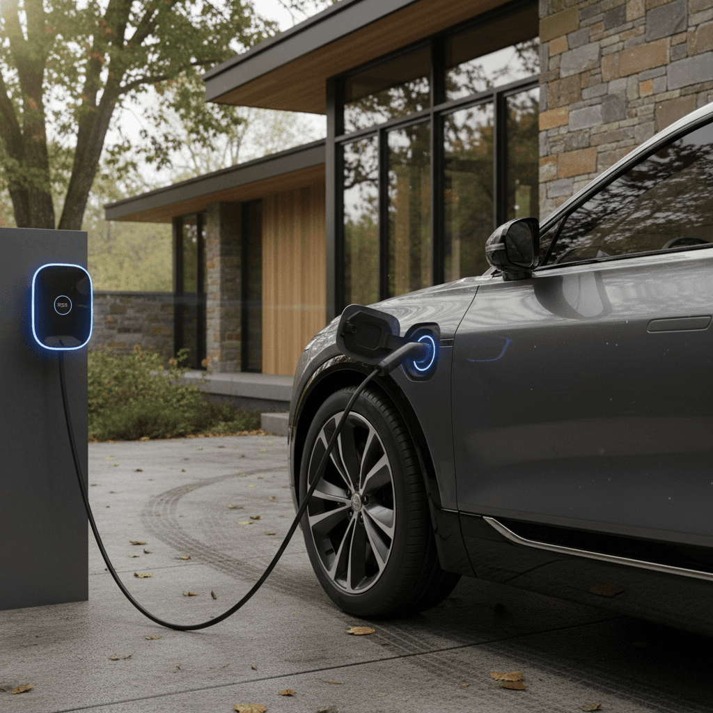 A 2026 Cadillac Lyriq plugged into a home Level 2 charger, showing its design and lighting