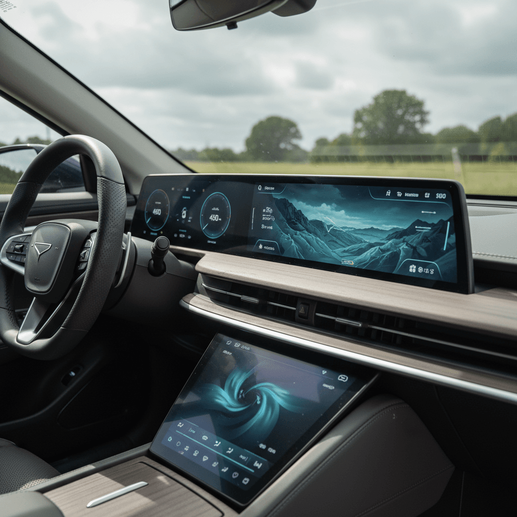 BMW i7 driver display showing remaining range, battery state of charge, and driver‑assist icons while cruising on highway