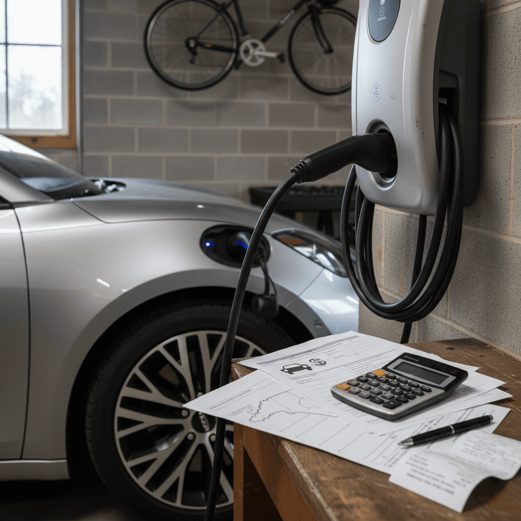 Level 2 home EV charger installed in a North Carolina garage with paperwork and receipts nearby