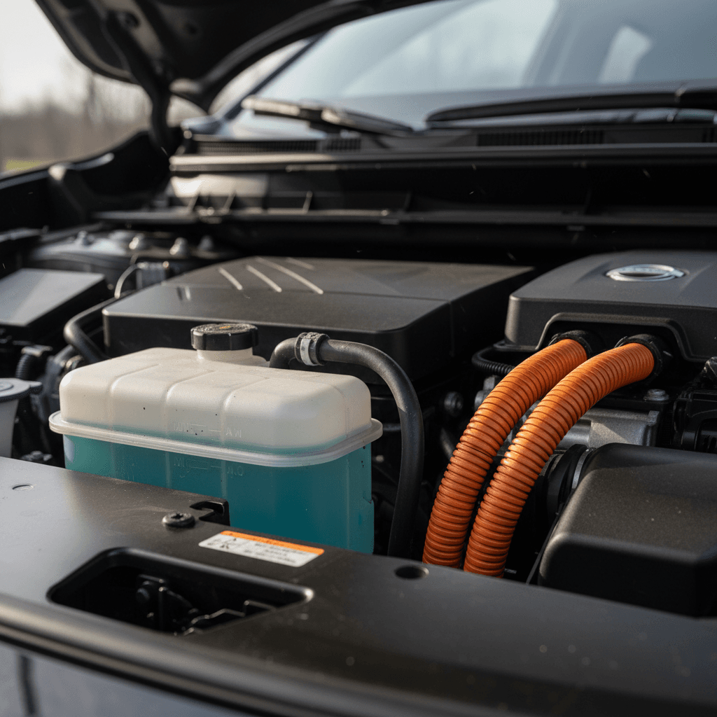 Close-up of coolant reservoir and orange high-voltage cables in a modern electric SUV engine bay