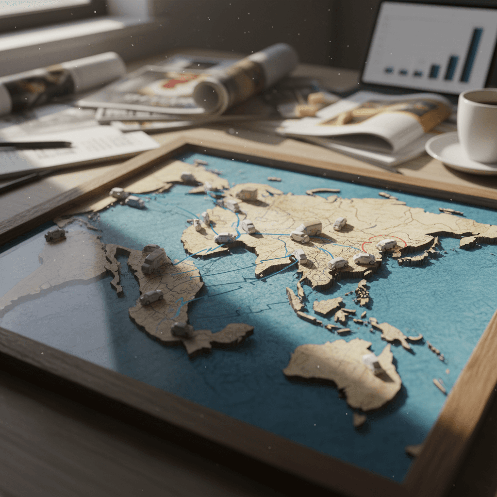 Stylized map connecting China, Mexico, and the United States with electric vehicle icons and trade arrows