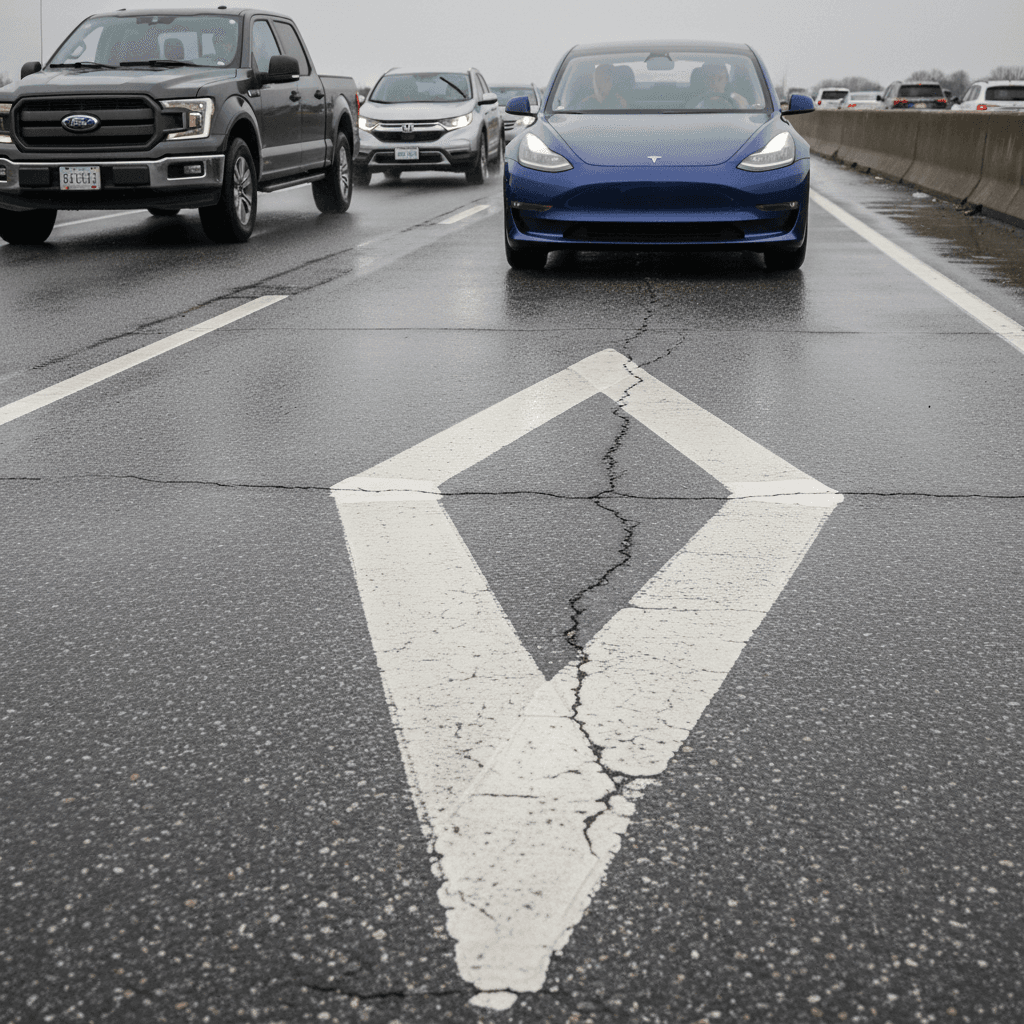 HOV lane diamond symbol marked on pavement next to traffic including electric vehicles on a multi-lane highway