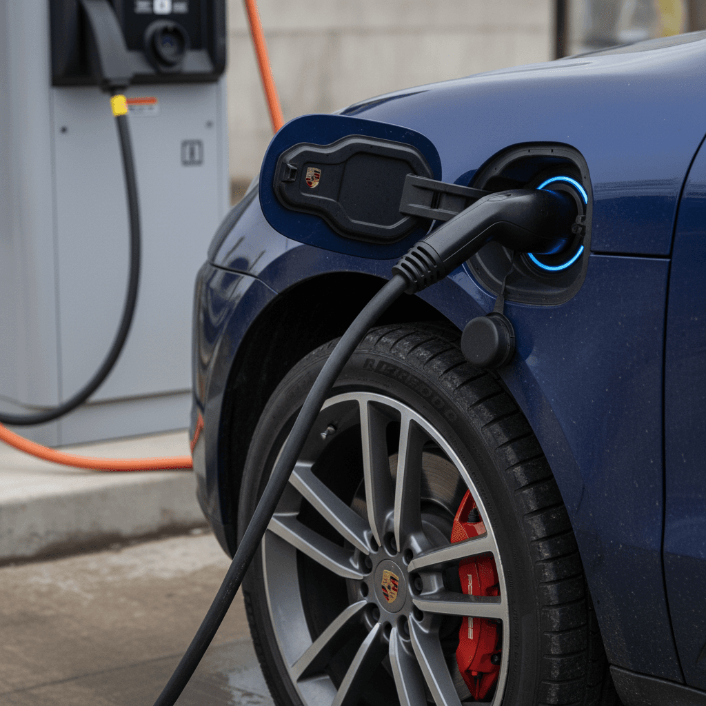 2025 Porsche Macan Electric plugged into a public DC fast charger, detail of port and wheel