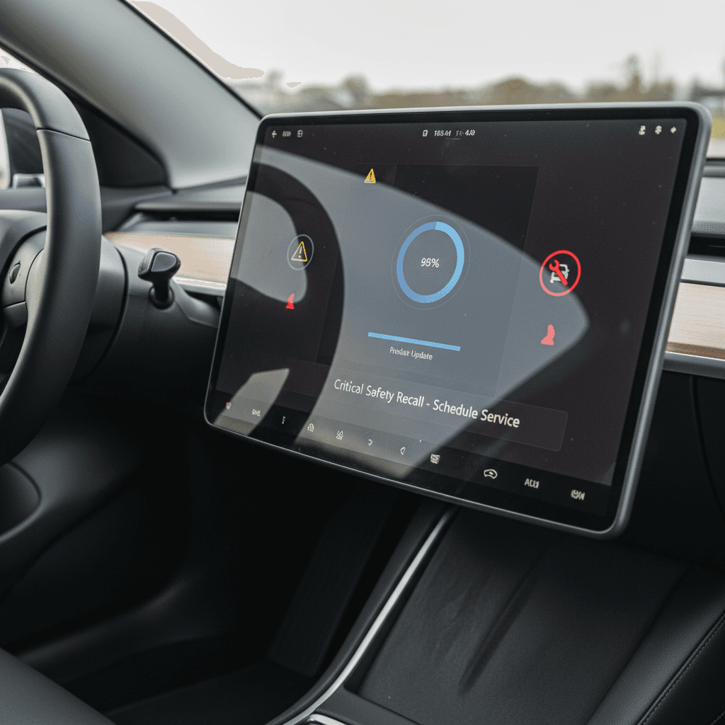 Tesla Model 3 center screen showing a pending software update related to safety recalls