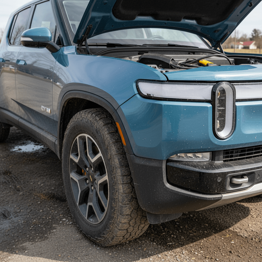 2022 Rivian R1T front three-quarter close-up showing panel gaps, wheel and body trim