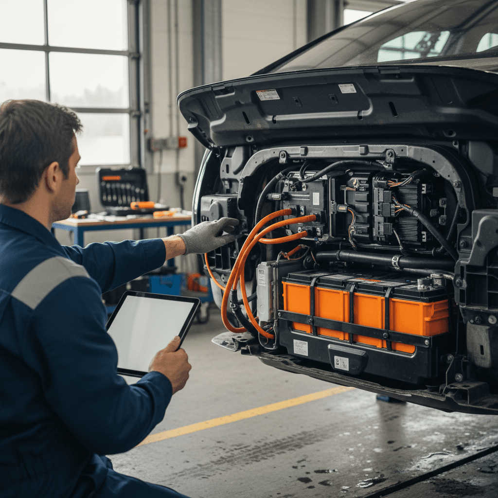 Technician inspecting the high-voltage battery and charging hardware on a Kia EV6 in a service bay