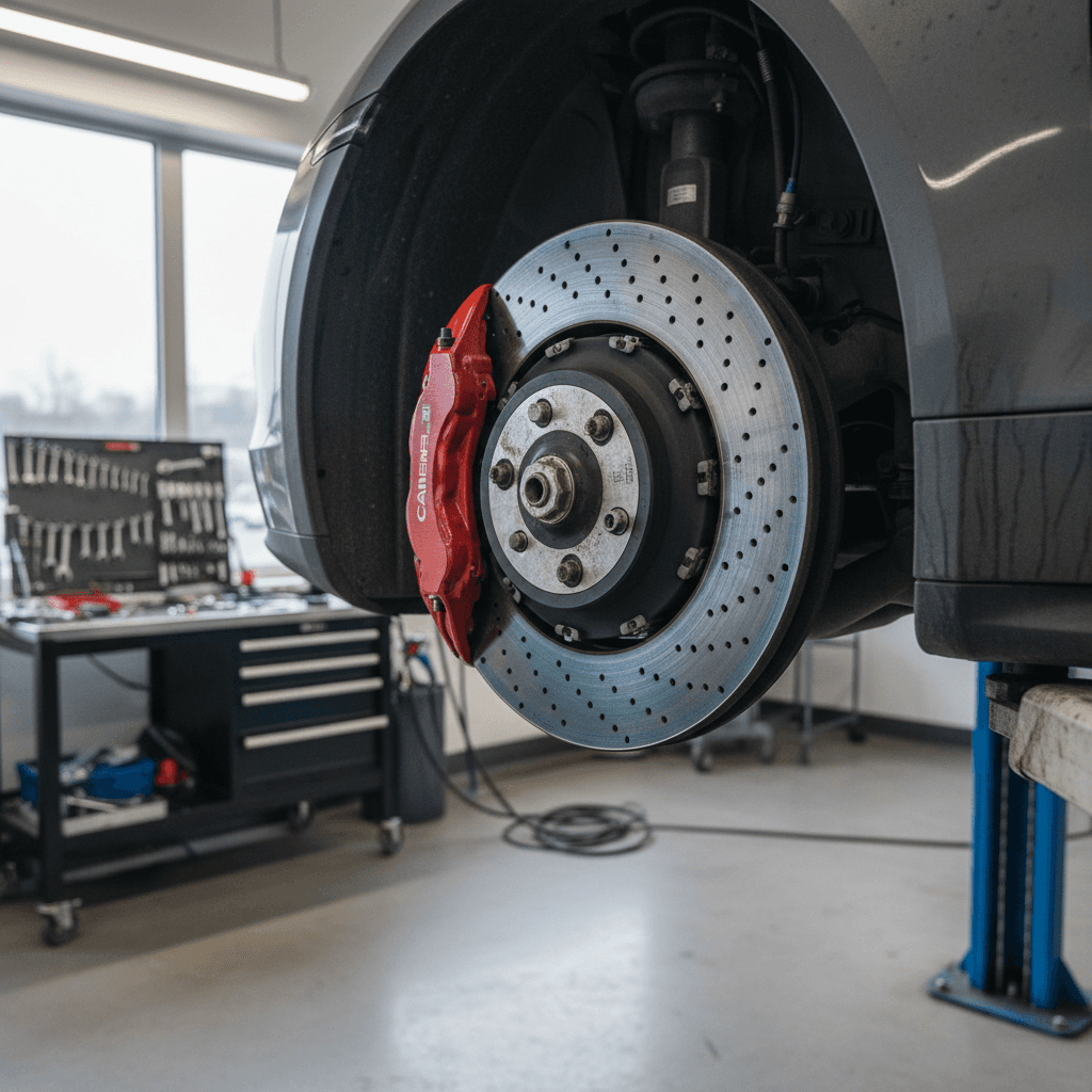 Mechanic inspecting the brakes and suspension of a Porsche Taycan on a lift