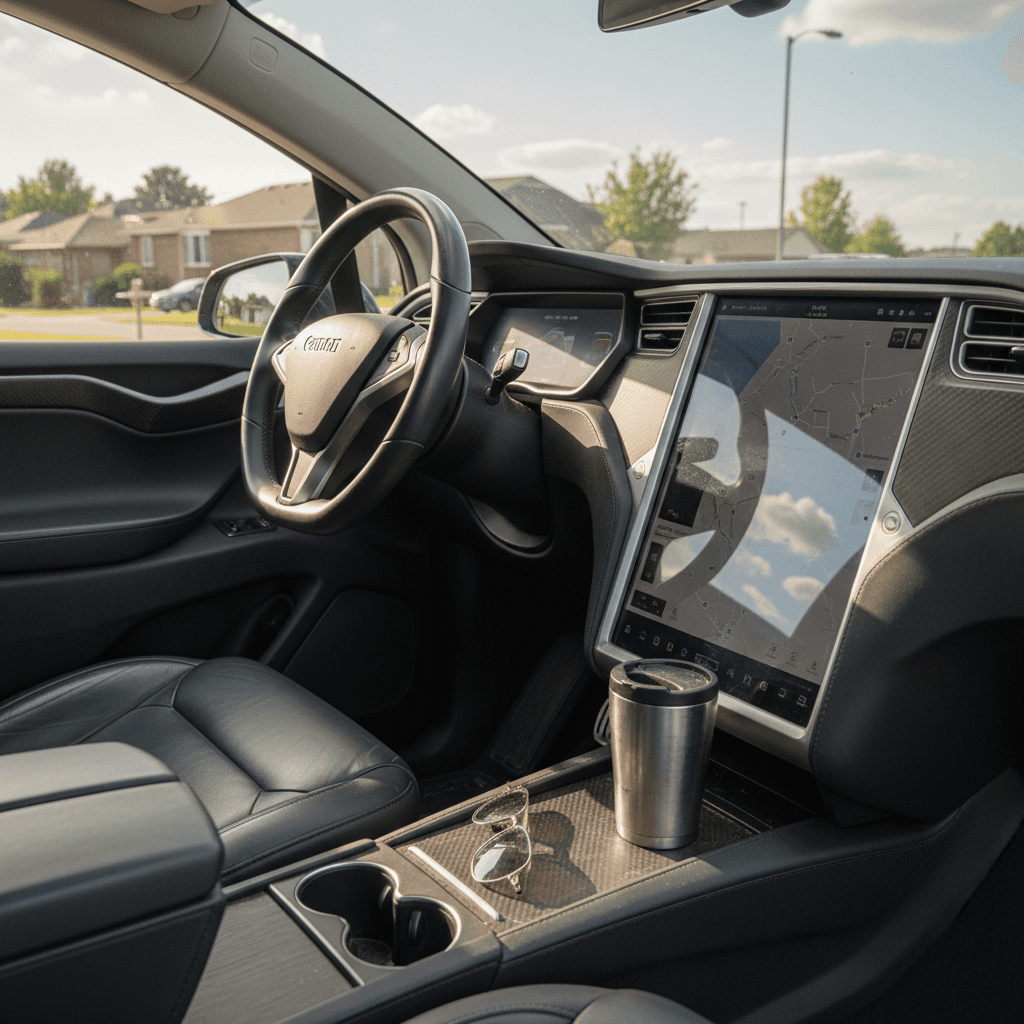 Interior of a 2022 Tesla Model X showing refreshed dashboard, yoke steering, and large center touchscreen