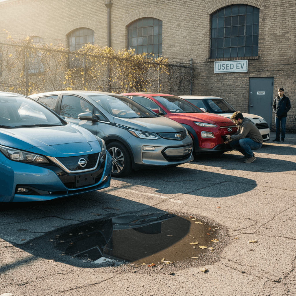 Row of compact used electric hatchbacks and crossovers lined up on a bright dealership lot