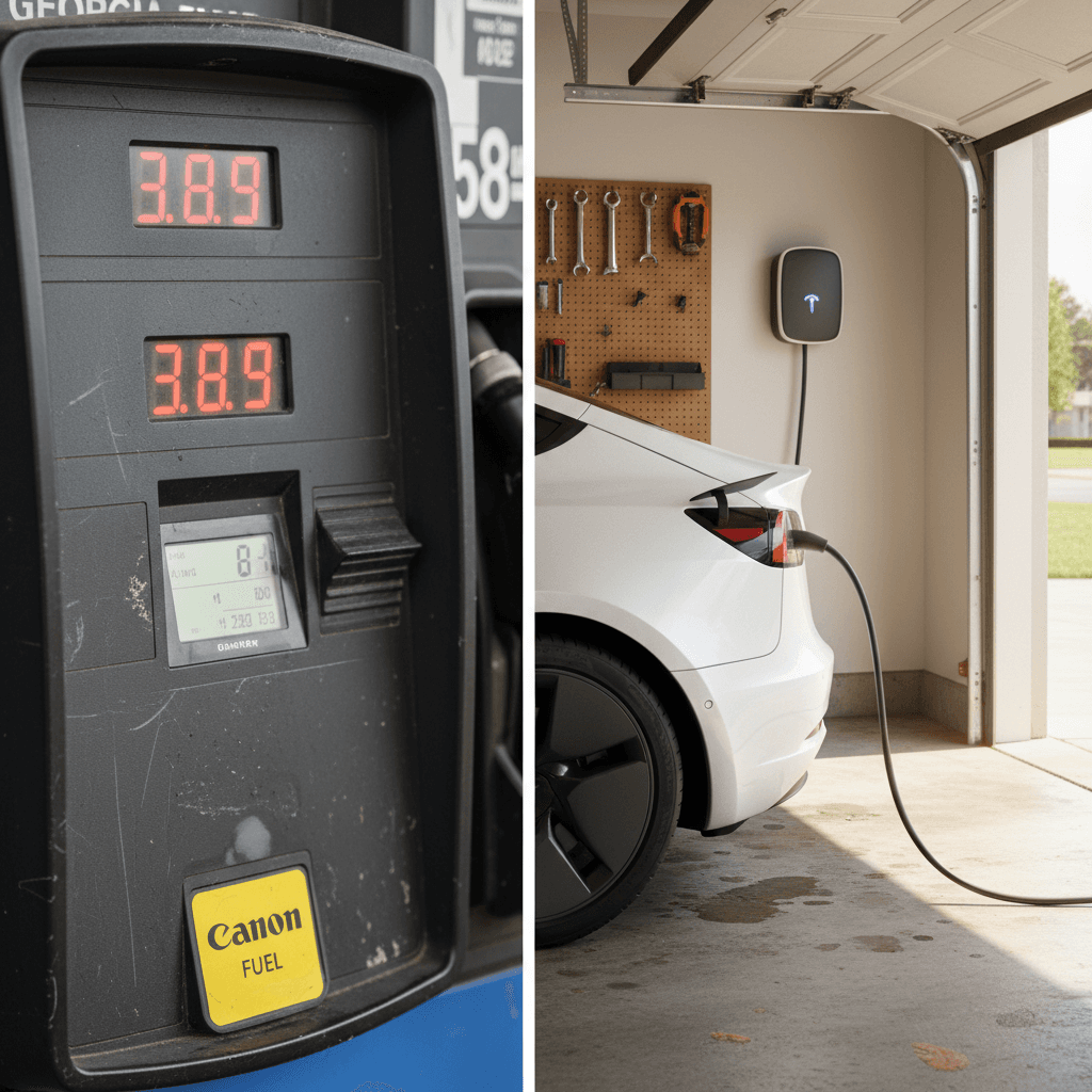 Side-by-side view of a gasoline pump price display and an electric vehicle plugged in at a home charger in Georgia.