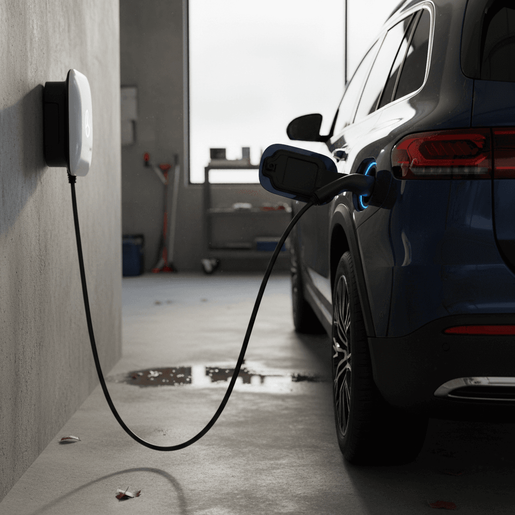 Mercedes EQB connected to a Level 2 wallbox charger in a home garage