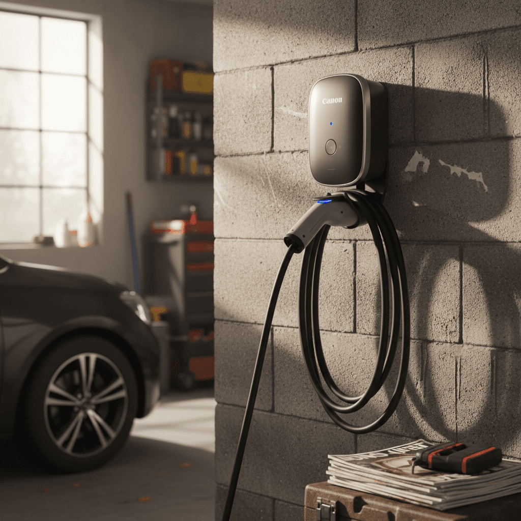 Electric vehicle connected to a home Level 2 charger in a modern garage