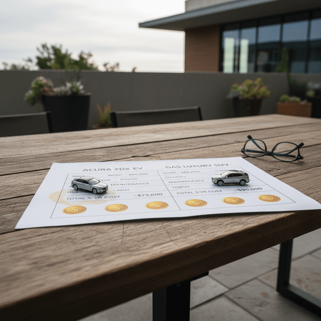 Side-by-side comparison graphic of an Acura ZDX EV and a comparable gas luxury SUV with icons for fuel, maintenance, and depreciation costs