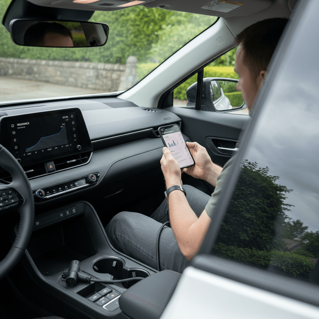 Driver reviewing an auto insurance quote on their phone while seated in a parked electric SUV in a suburban driveway