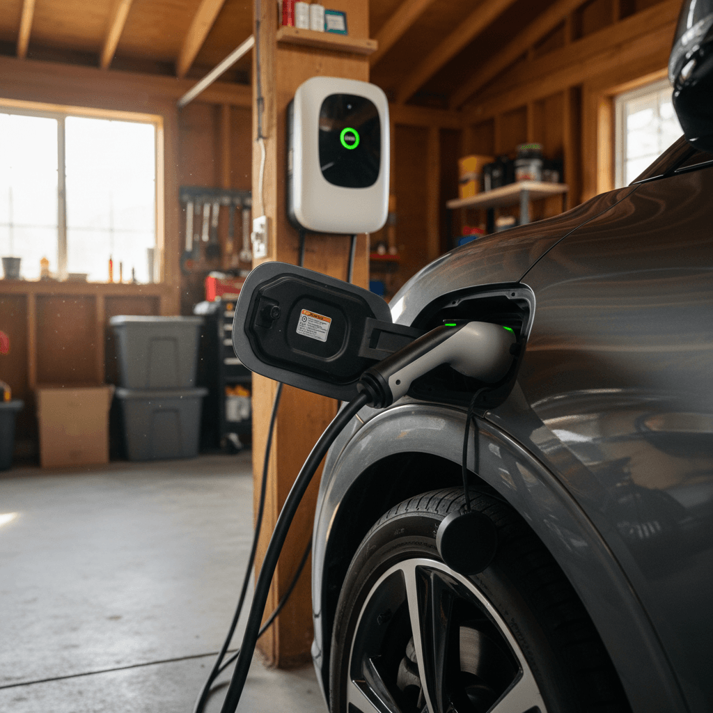Kia EV6 plugged into a Level 2 wallbox in a home garage