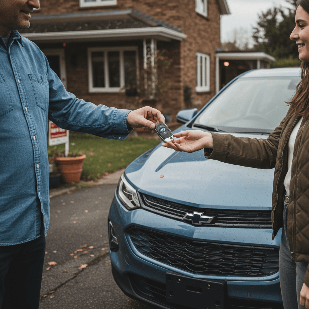 Chevrolet Equinox EV owner handing keys to a buyer during a used EV sale