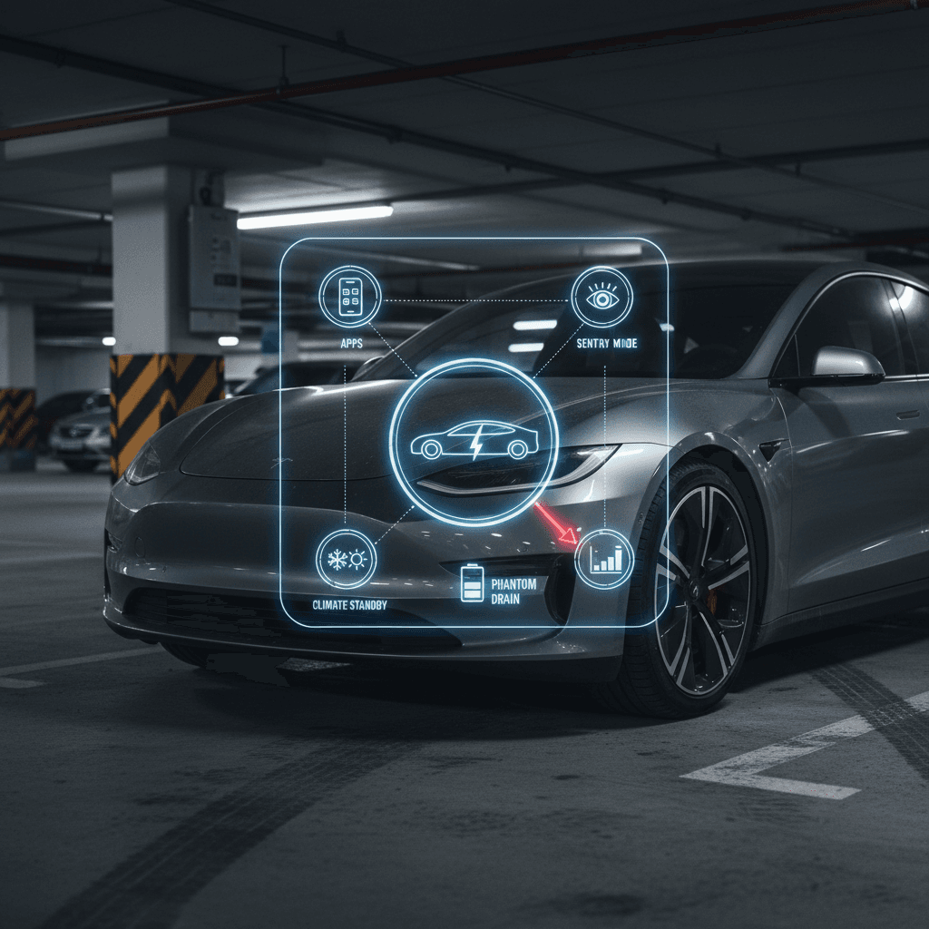Diagram-style illustration of a parked electric vehicle showing background systems like security cameras, connectivity, and battery management that cause phantom drain.