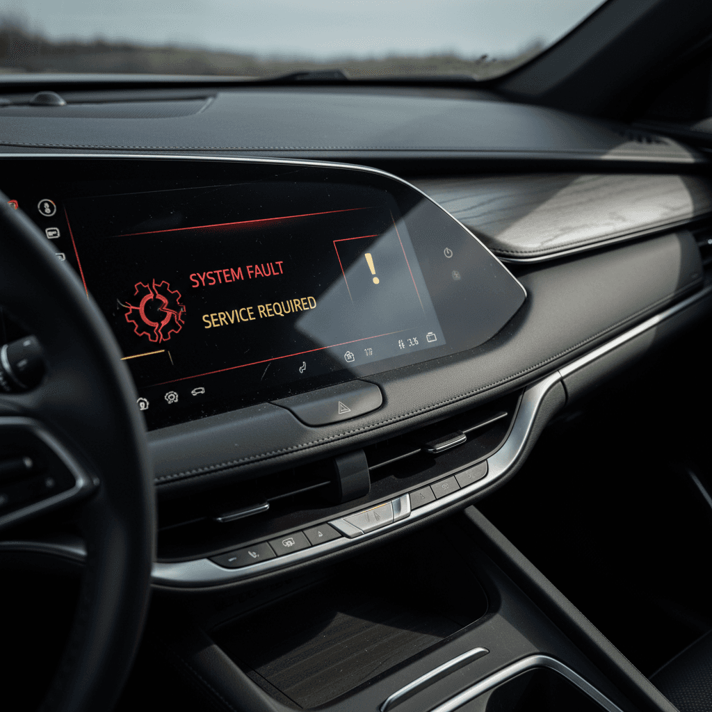 Close-up of a Cadillac Lyriq 33-inch curved display showing multiple warning messages on the digital cluster and infotainment screen