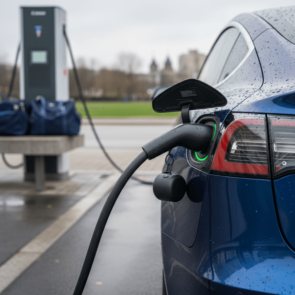 Driver using a smartphone app in the car to locate nearby EV charging stations