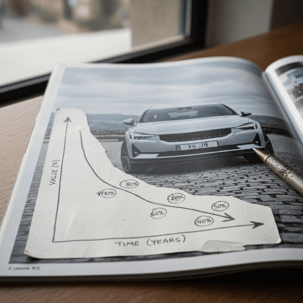 Illustrated depreciation curve showing a Polestar 2 losing value most quickly in the first 3 years, then flattening between years 4 and 7