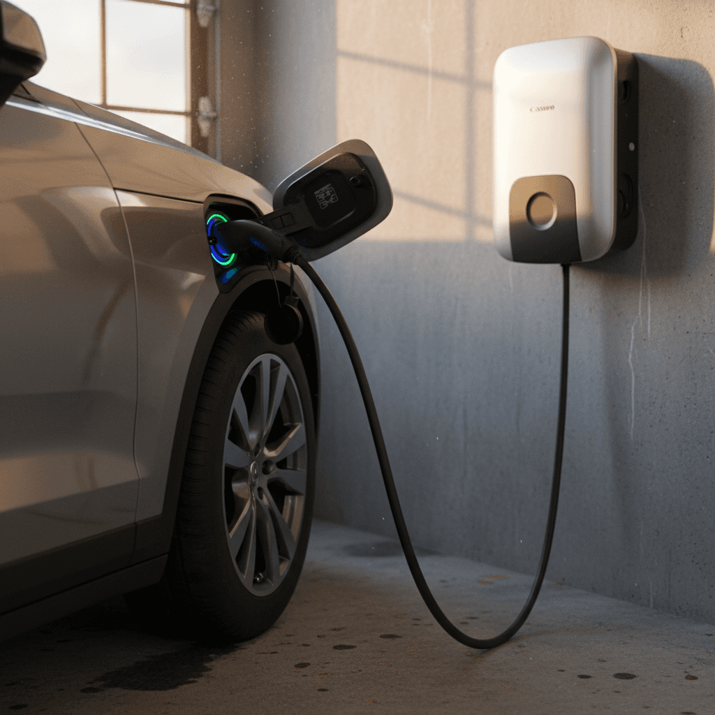 Close-up of a Volvo EX90 charging port with a connector plugged into a home wallbox