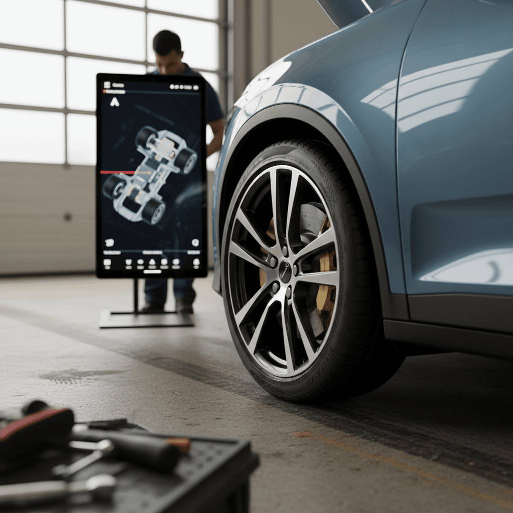Technician inspecting the front suspension and touchscreen of a 2023 Polestar 2 in a service bay