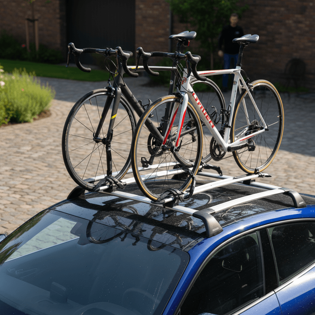 Porsche Taycan with upright bikes mounted on a roof rack in a residential driveway