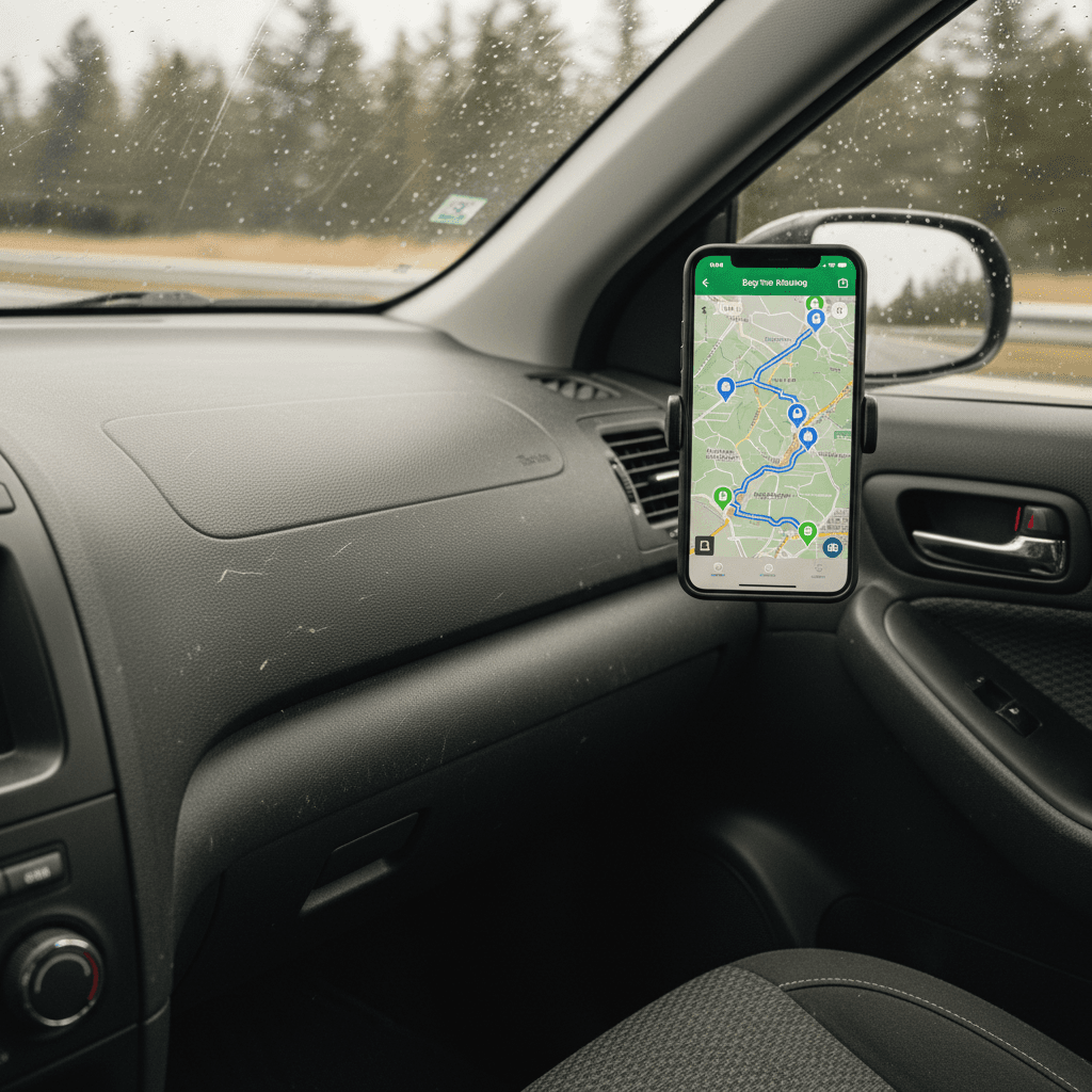 Smartphone running an EV trip planning app showing charging stops along a highway route inside an electric car