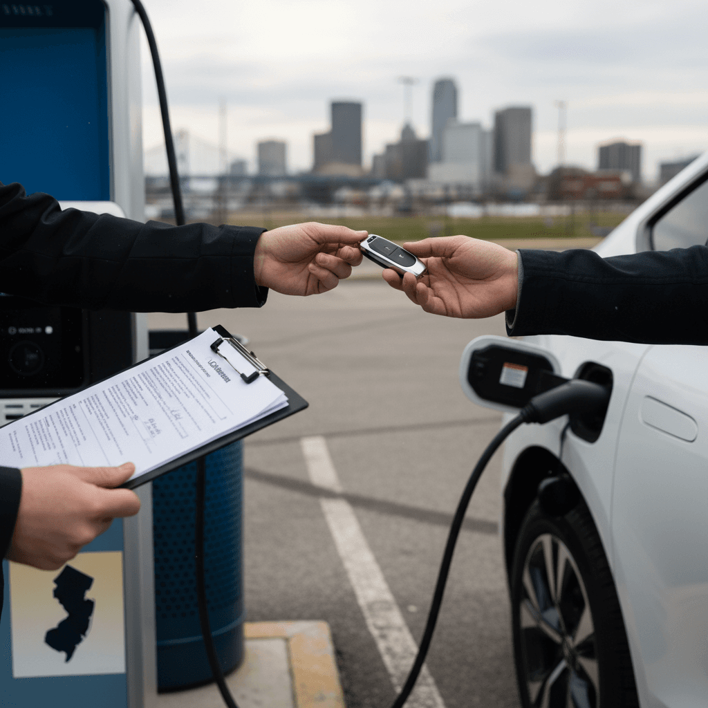 Seller and EV specialist reviewing a used electric vehicle battery health report beside a charging station