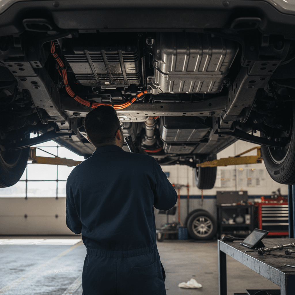 Technician inspecting a Ford F-150 Lightning on a lift as part of recall service