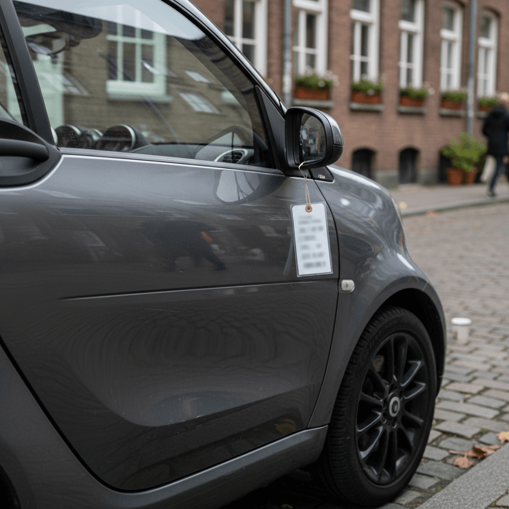 Used Smart EQ Fortwo parked on a city street with a price tag in the window