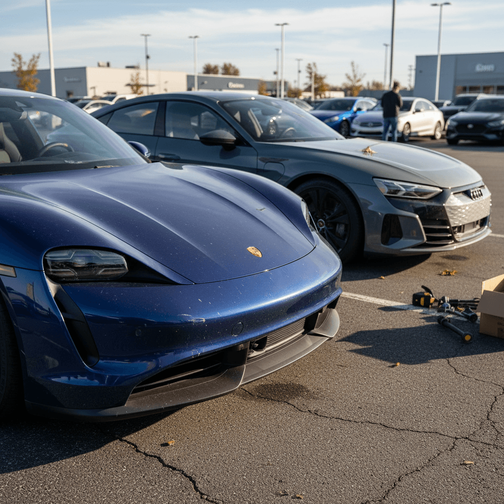 Used Porsche Taycan and Audi e-tron GT parked side by side on a dealer lot