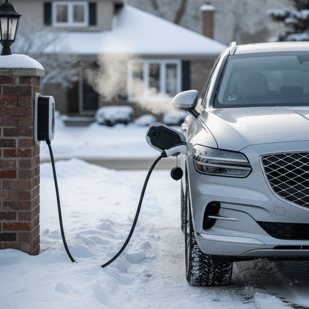 Genesis GV70 Electrified charging outside a home in snowy winter conditions