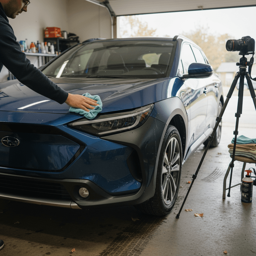 Owner detailing a Subaru Solterra and taking listing photos in a driveway