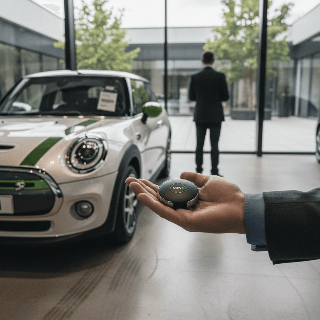EV specialist reviewing a Mini Cooper SE battery report with a customer in a bright showroom