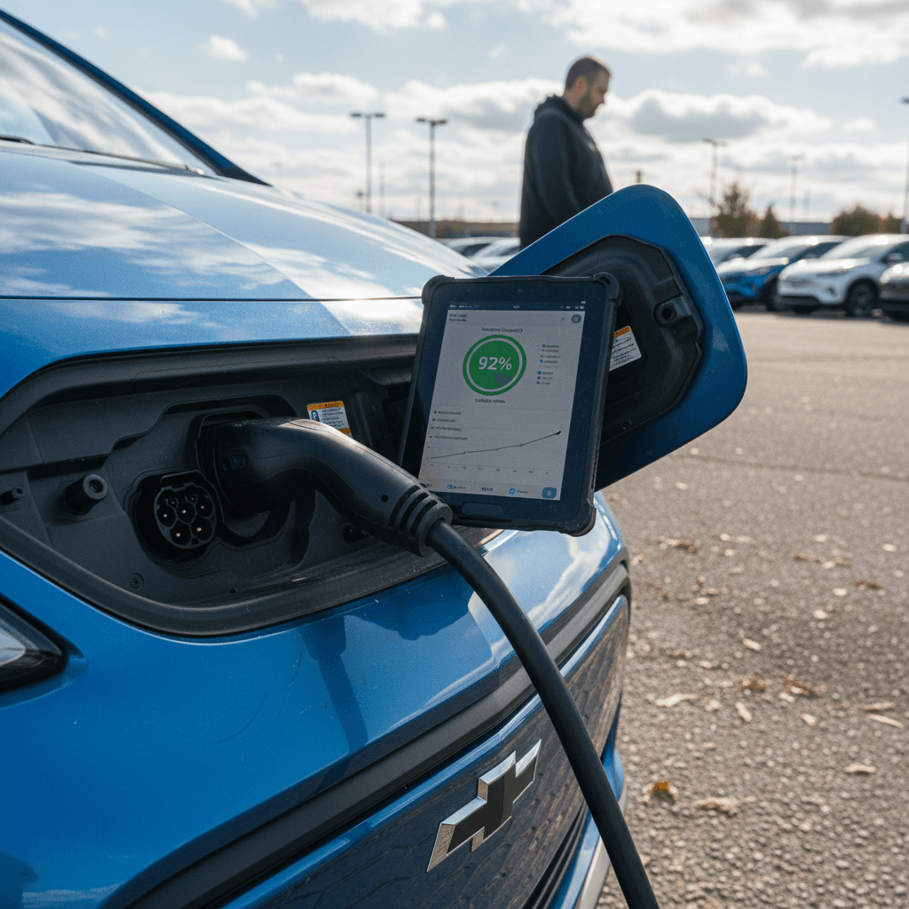 Owner reviewing a Chevrolet Bolt EUV battery health report on a tablet next to the charging port before listing the car for sale