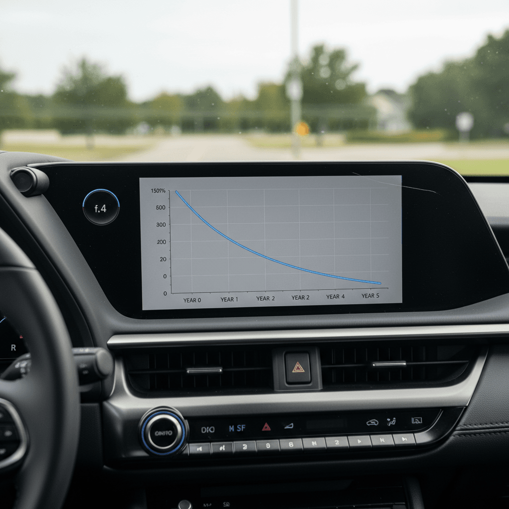 Illustrated depreciation curve showing Lexus RZ 450e value declining over 5 years compared with original MSRP