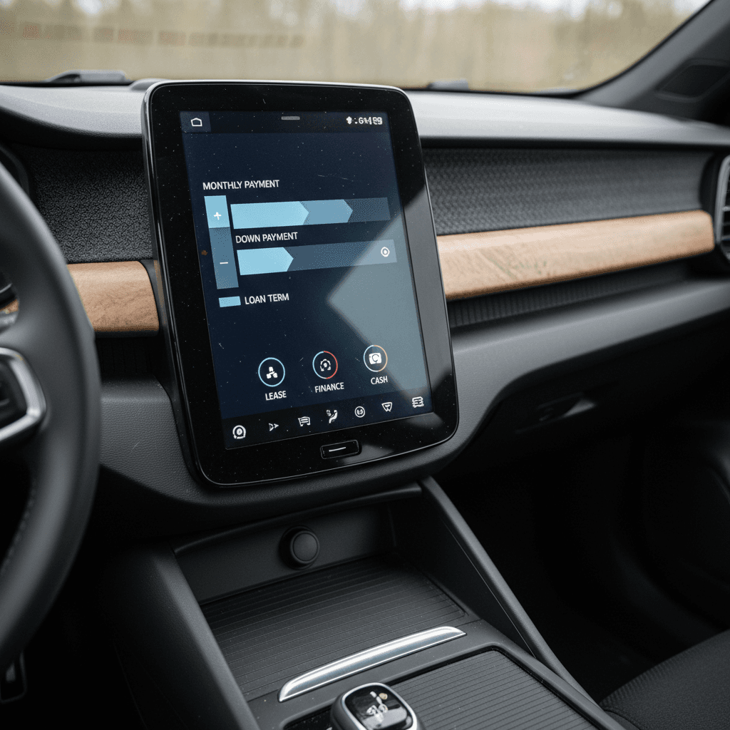 In-car screen showing a breakdown of Polestar 2 finance options with monthly payment highlighted