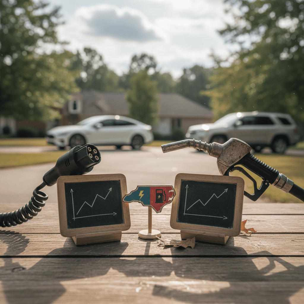 Side-by-side comparison of EV and gas cost per mile for drivers in North Carolina using home charging and public fast charging