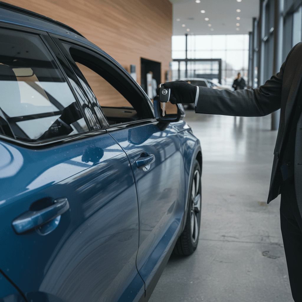 Seller and buyer reviewing a Volvo C40 Recharge in a showroom, highlighting the clean exterior and modern EV design