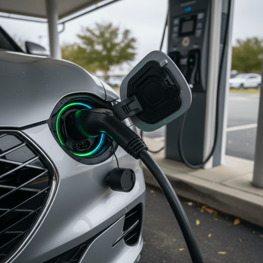 A 2024 Genesis GV60 plugged into a public DC fast charger with charging status visible