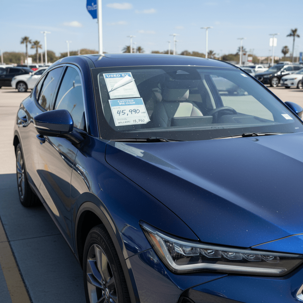 Used Acura ZDX electric SUV parked on a dealer lot with price stickers in the window