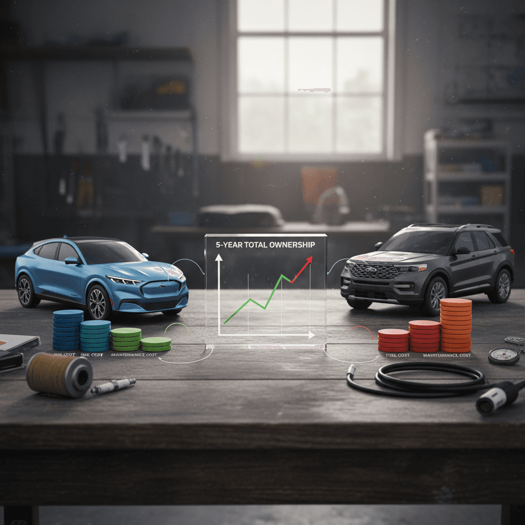 Side-by-side cost chart comparing Ford Mustang Mach-E to a similar gas SUV over five years, highlighting fuel and maintenance savings for the EV