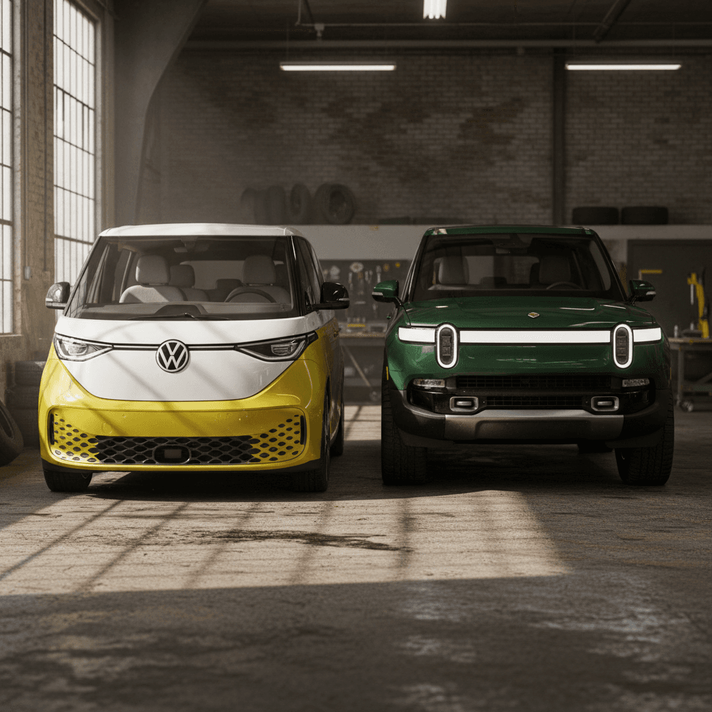 Volkswagen ID. Buzz and Rivian R1S parked side by side, highlighting their different shapes and sizes