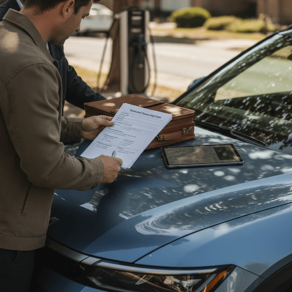 Insurance agent and Kia EV9 owner reviewing full coverage options and discounts together in a driveway