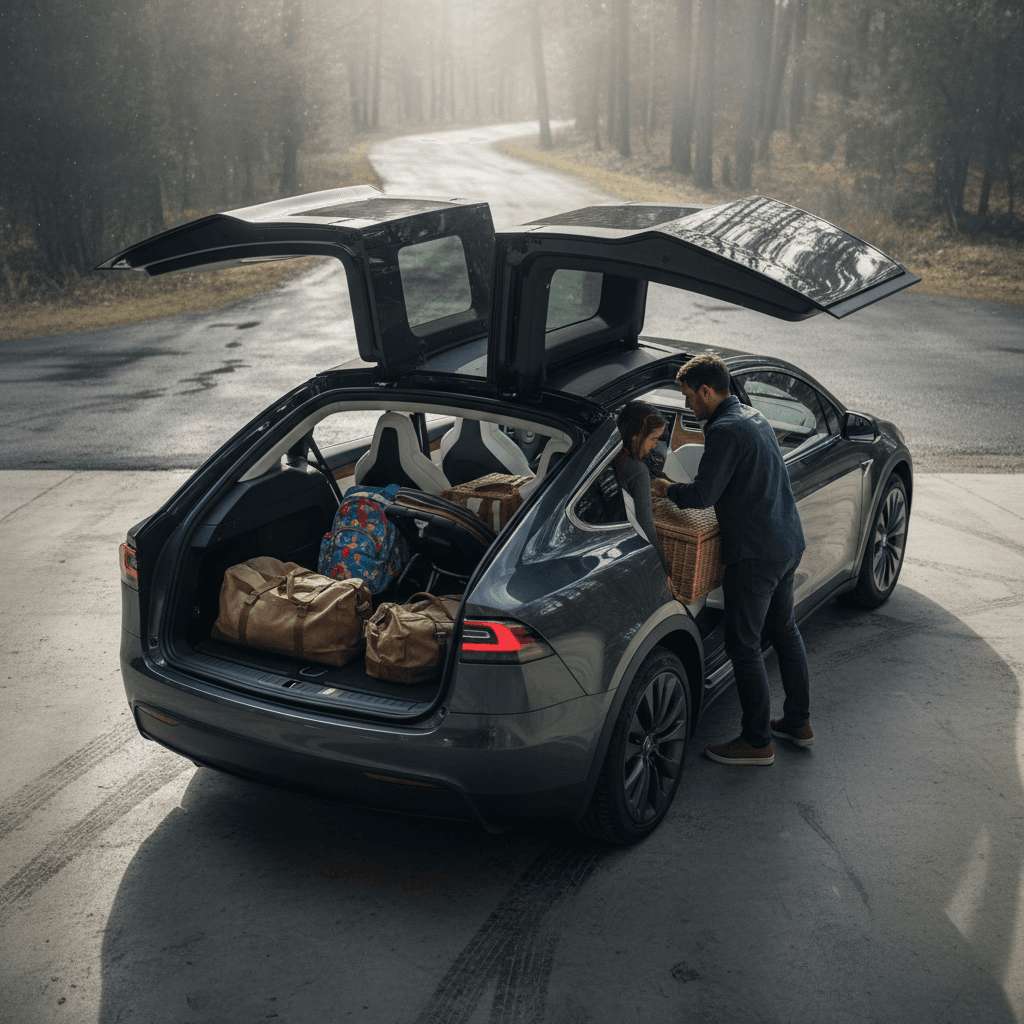 2024 Tesla Model X interior with panoramic windshield and falcon-wing rear doors open as a family loads luggage
